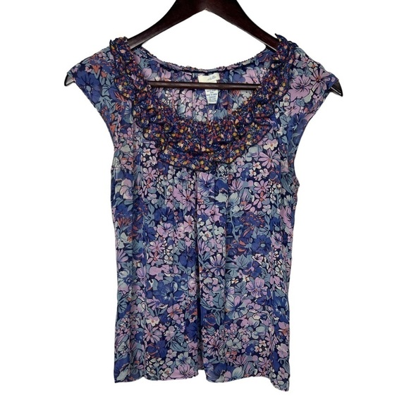 Anthropologie Odille Floral Cap Sleeve Scoop Neck Silk Blouse - Picture 1 of 6